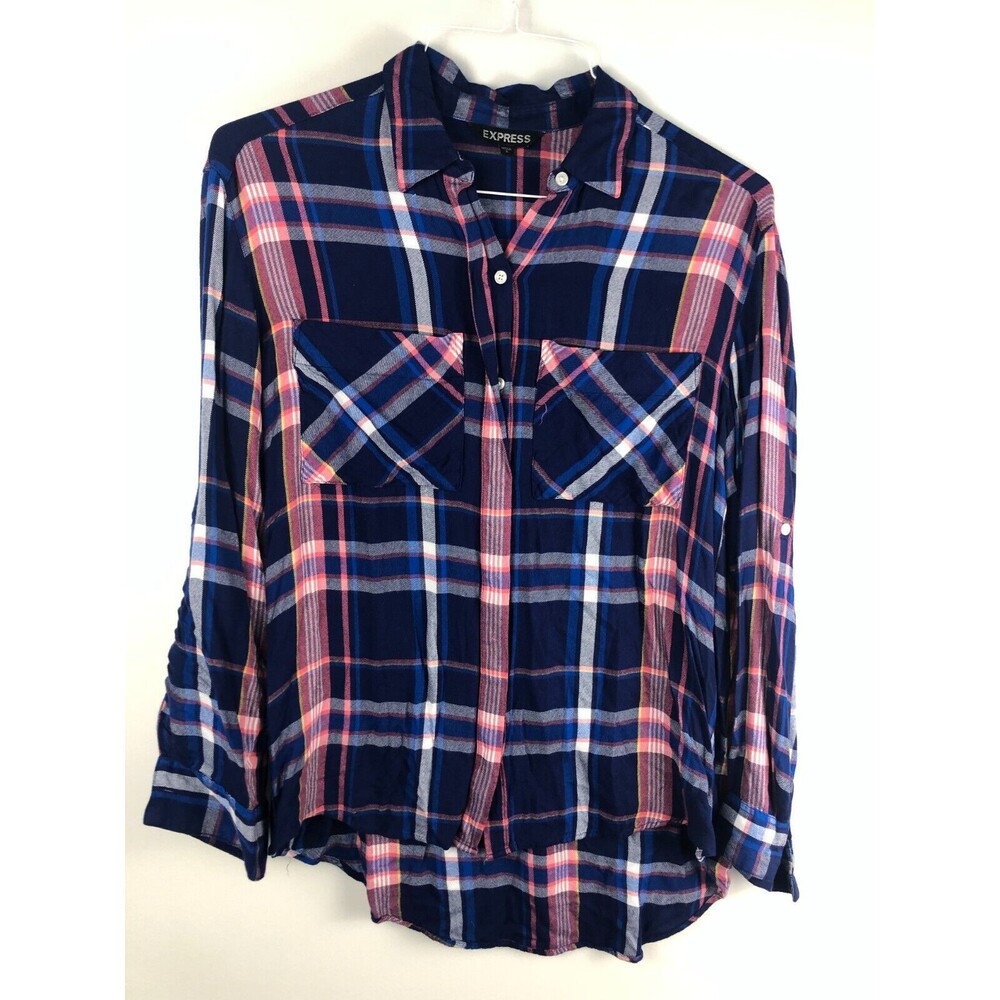 EXPRESS PLAID FLANNEL BUTTON DOWN Size S Pink & Blue | High/Low | Pockets